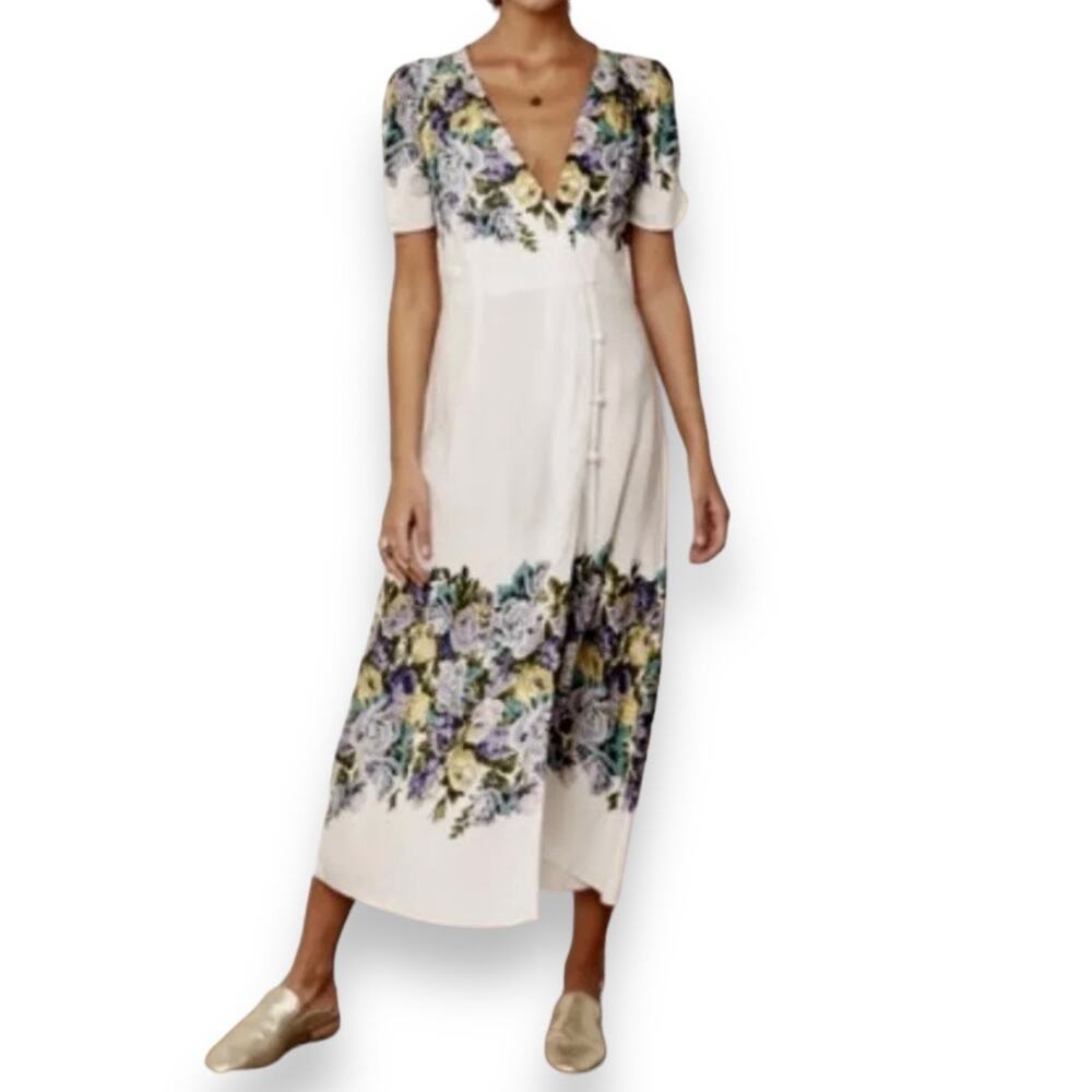 Free People Jamie Floral Midi Wrap Dress Women's Small Ivory Blue Purple